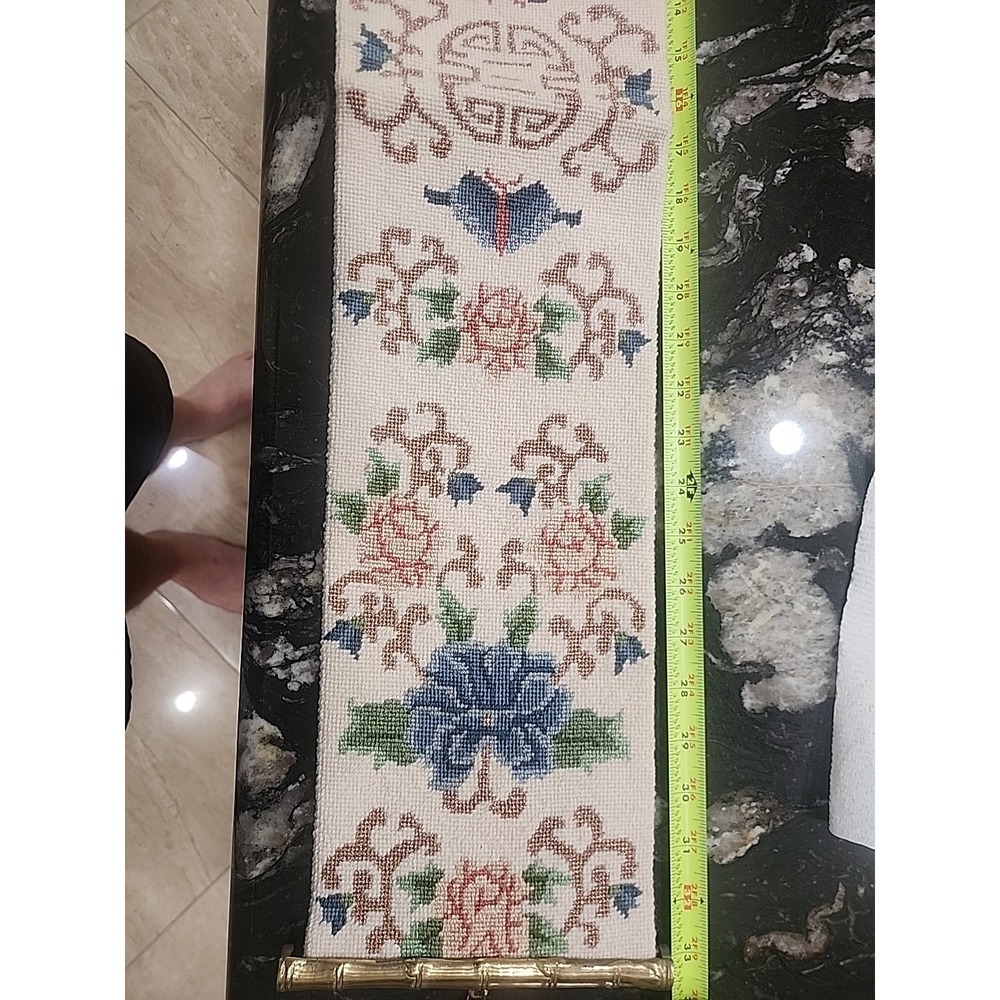 Vintage Wall Hanging Vertical Tapestry Needlepoint Handmade Flowers Asian -Great - Picture 8 of 9